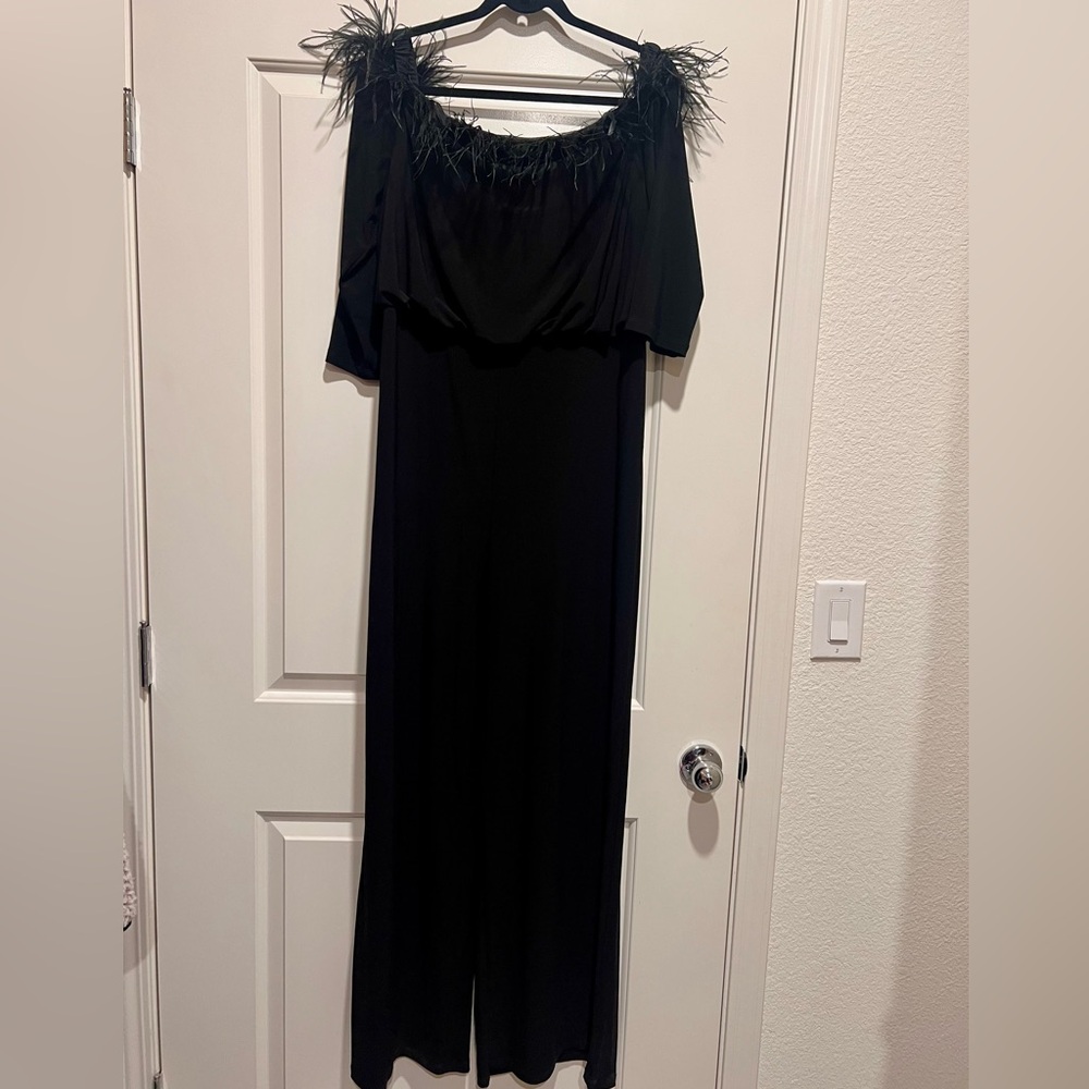Adrianna Papell Black Feather-Trim Jumpsuit